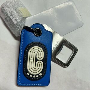 Coach Blue Leather Key Tag with Bottle Opener and Logo Patch